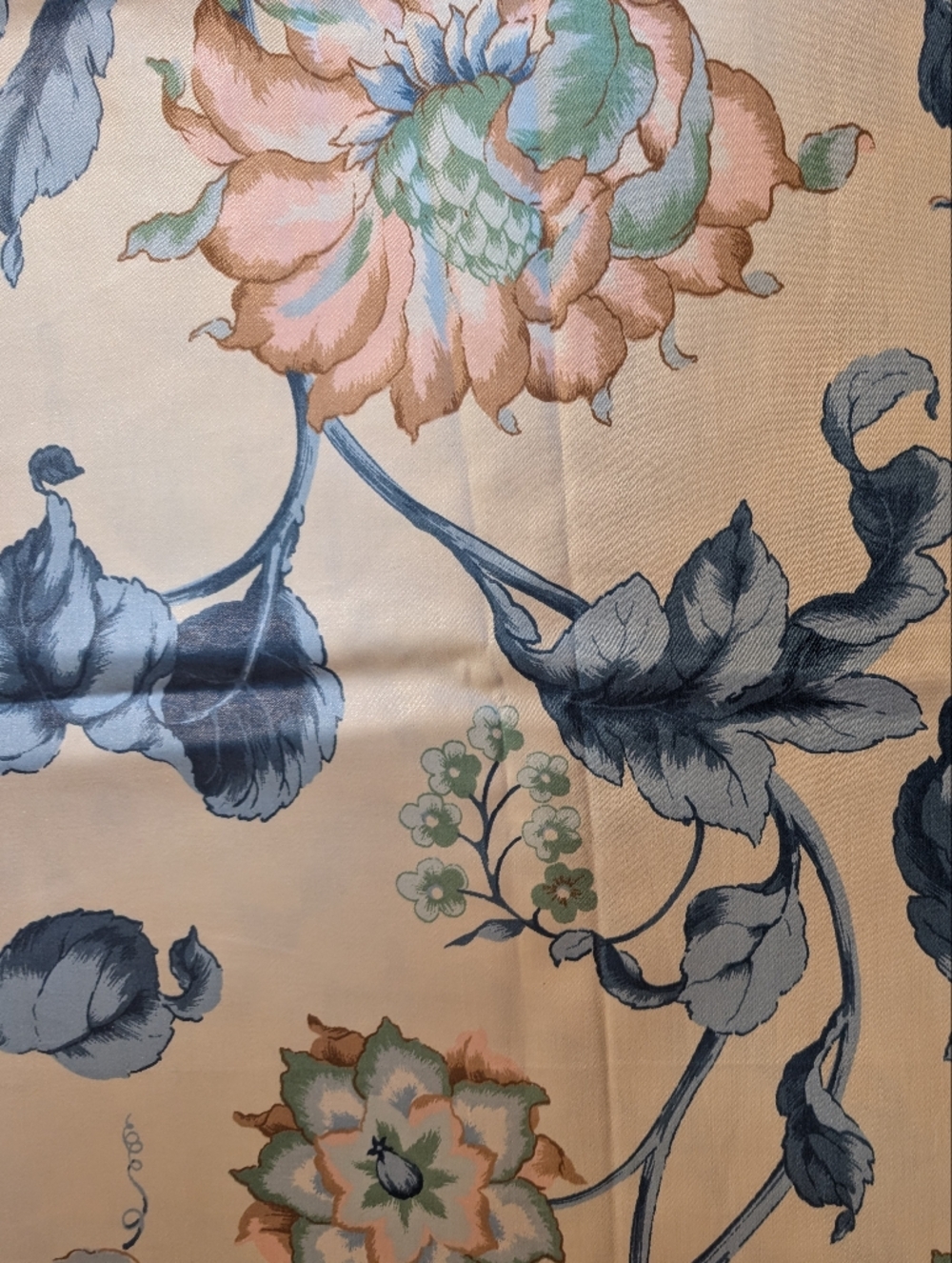 Vintage Floral Fabric in Blue, Peach, Green on Cream
